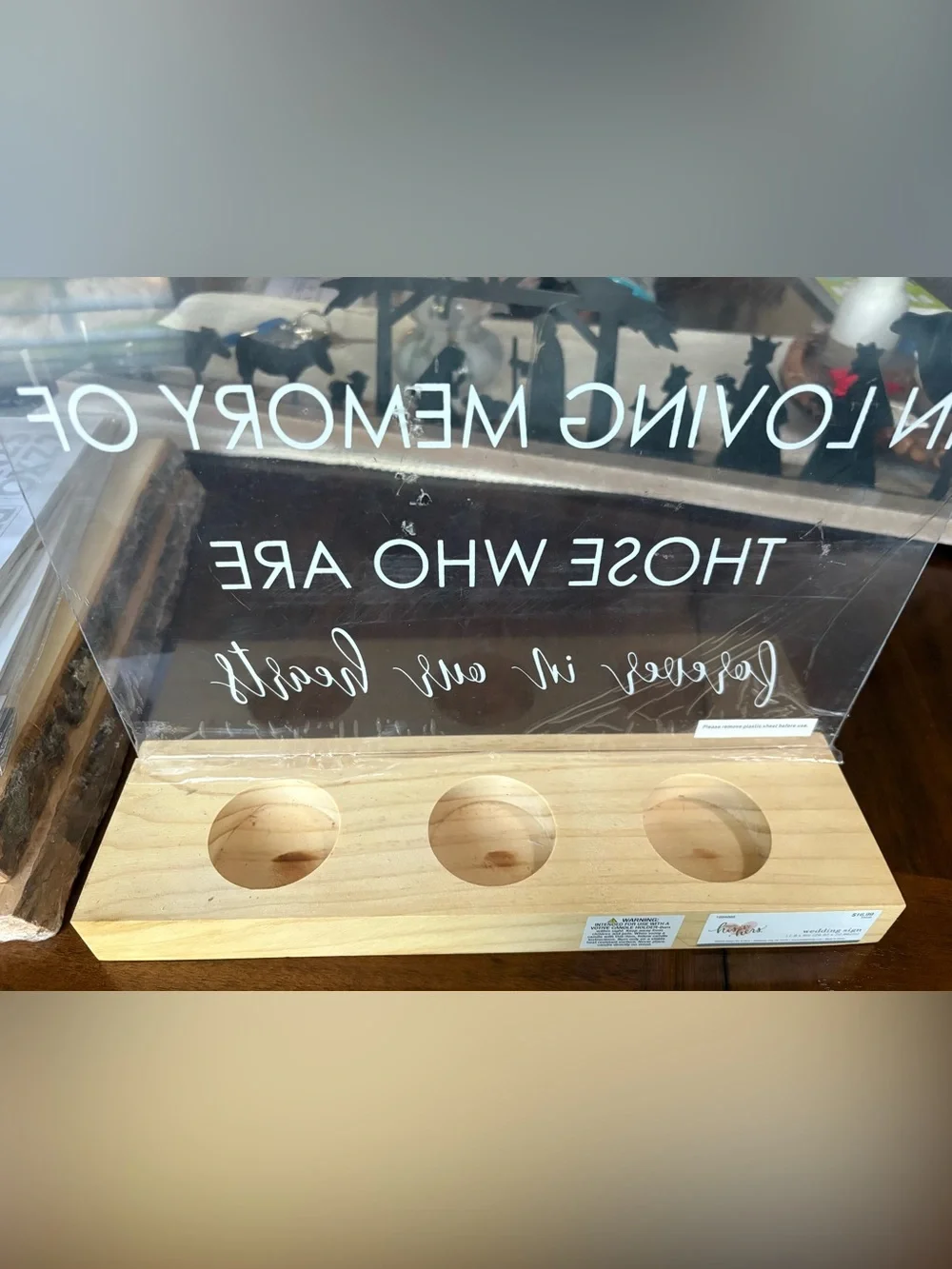 Acrylic Memorial Sign with Wood Base - Clear with White Lettering